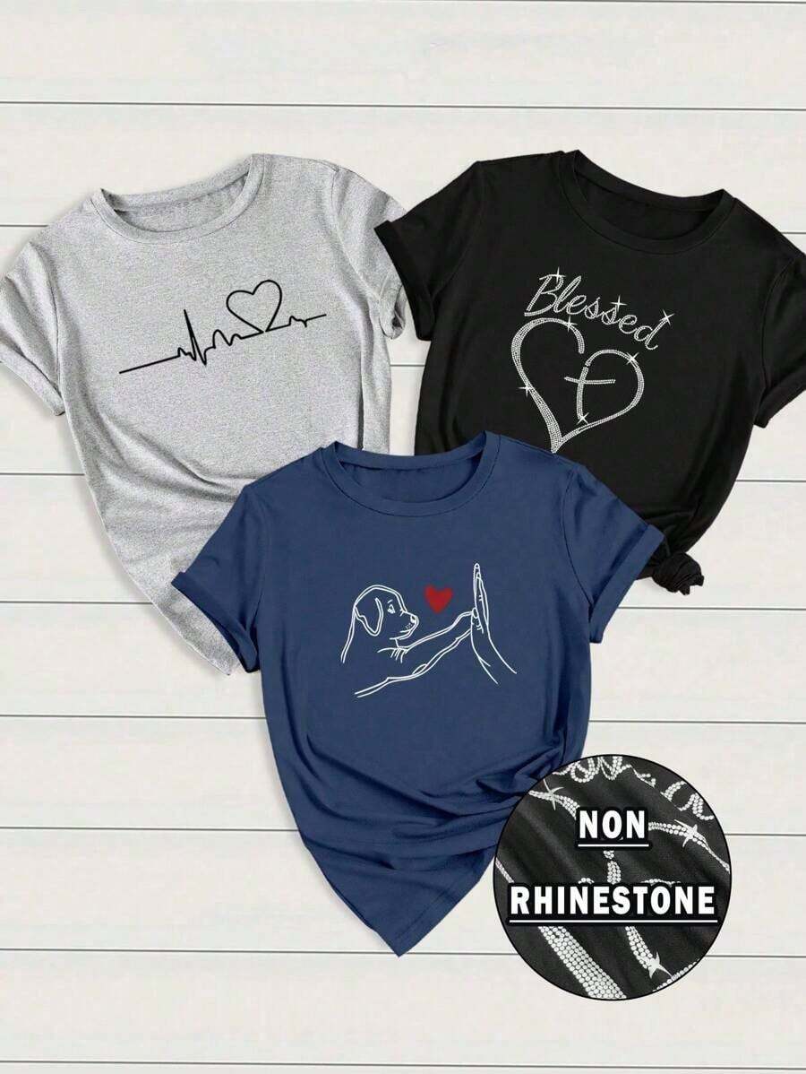 Set de 3 camisetas gráficas de manga corta casuales para mujer con diseños de corazón y gráfico ECG - Multicolor 6 - Ver 1