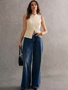de mujer de estilo chino casual de verano con cuello de cheongsam, botones y textura de unicolor - Albaricoque - Ver 4