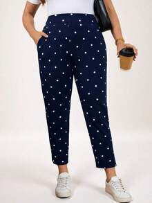 Pantalones casuales con estampado de lunares, bolsillos y aberturas laterales para mujer talla grande.Ideales para vacaciones, Año Nuevo, Día de San Valentín, negocios casuales, oficina, primavera y verano - Azul marino - Ver 5