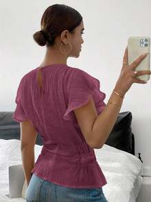 Blusa de mujer de cuello redondo liso, con mangas con volantes y cintura ceñida - Burdeos - Ver 2