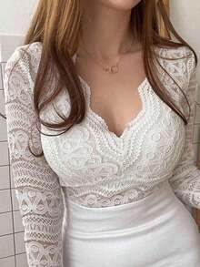 Blusa de encaje para uso diario de manga larga, ideal para el Día de San Valentín - Blanco - Ver 7