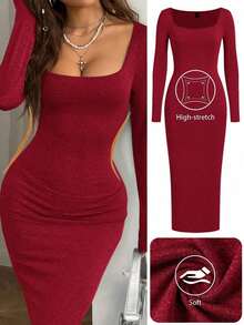 Vestido ajustado de manga larga con cuello cuadrado, de punto básico gris para mujer, para primavera/verano - Rosa Roja - Ver 7