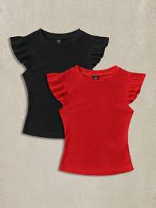 Set de 2 tops de camiseta de cuello redondo ajustados de tela acanalada en negro y rojo rosa, apropiados para verano con mangas con volantes, adecuados para salir - Multicolor 12 - Ver 11