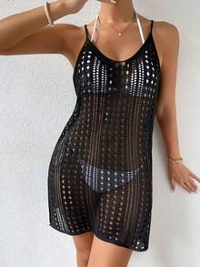 Vestido cover up tejido con abertura sin bikini - Negro - Ver 3