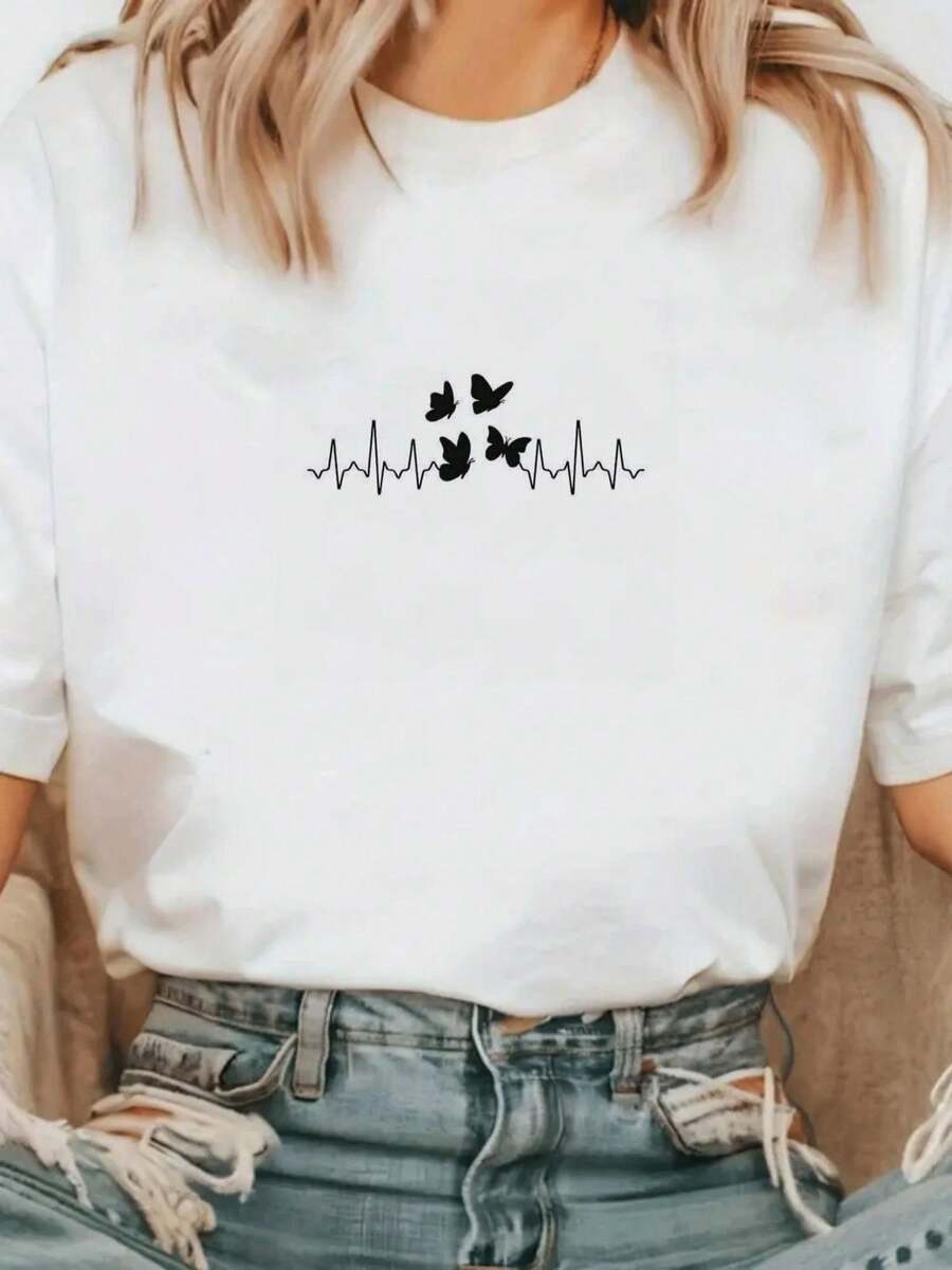 1 Piece Of Beautiful Blouses For Women's Clothing Women's Shirts Butterflies And Heartbeats 180G Black And White T-Shirt, Butterfly Print, High Quality Print, Round Neck, Basic Loose Size, For Men And Women, Breathable, Versatile, Machine Washable, Breathable, Comfortable, Size S ~ 3XL, Daily, Casual, Sports, Essential For Summer. - 白色 - 查看 1