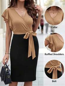 Vestido midi con estampado floral y cuello en V con mangas cortas, elegante para vacaciones - Caqui - Ver 8