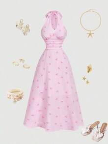 Vestido de mujer de moda con estampado total, cuello halter y lazo en la cintura, de largo medio - Rosa - Ver 2