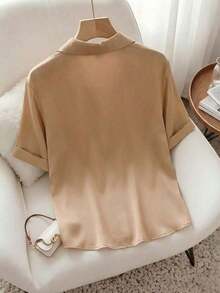 Camisa de polo elegante y sencilla con cuello trenzado al estilo francés para mujer, blusa elegante, uso casual, verano, color clásico y versátil, nueva camisa de moda para uso casual, oficina y trabajo, uso versátil y elegante para el día a día, - Camel - Ver 2
