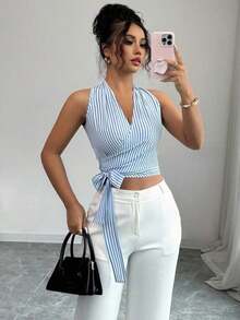 Chaleco de verano casual y elegante tejido para damas - Azul y blanco - Ver 1