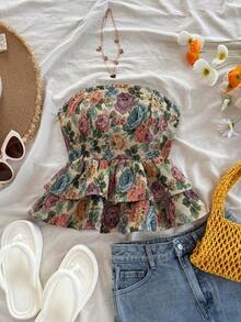 Blusa elegante bohemia y tropical sin tirantes, con hombros abiertos, espalda abierta y bajo con volantes, para mujer, ideal para uso casual, resort, playa, boda, graduación, brunch, Día de San Patricio, vacaciones de primavera, Pascua, festivales - Multicolor 2 - Ver 5