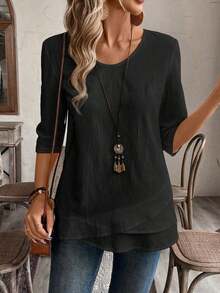 Blusa blanca con diseño de empalme en escote en V para mujer - Negro - Ver 4