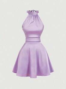 MOD Vestido mini con espalda descubierta, retorcido y fruncido en unicolor para mujer, vestidos de otoño para mujer, vestido, vestido, Acción de Gracias, vestidos elegantes para fiesta, vestido de invitada de boda, vestido de graduación, vestido de gala, vestido de noche elegante para boda - Morado - Ver 5