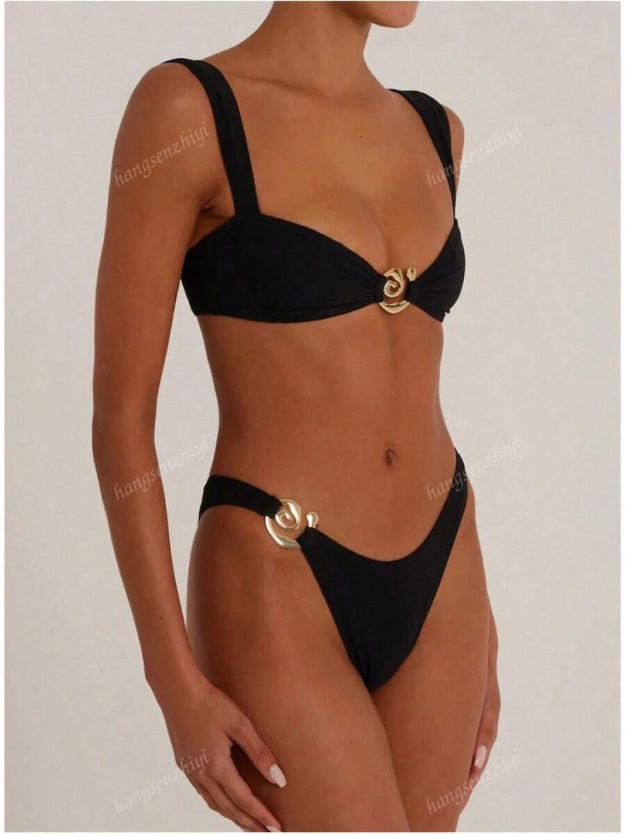 New Black High-End Bikini Swimsuit, Sexy Backless Design With Metal Connecting Rings, Women's Swimwear - Black - View 1