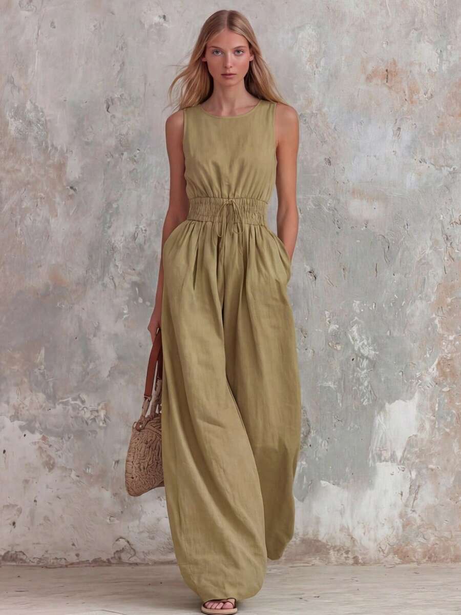 Women's Retro Casual Jumpsuit In Green With Ruffle, V-Neck And Sleeveless, Made Of Cotton And Linen - Khaki - View 1