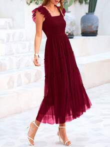 Women's Summer Mid-Length Dress Casual Sleeveless Pleats Ruffled Tulle Flowing New Year Party Wedding Guest Graduation Sundress - Màu Đỏ Sâu - Xem 5