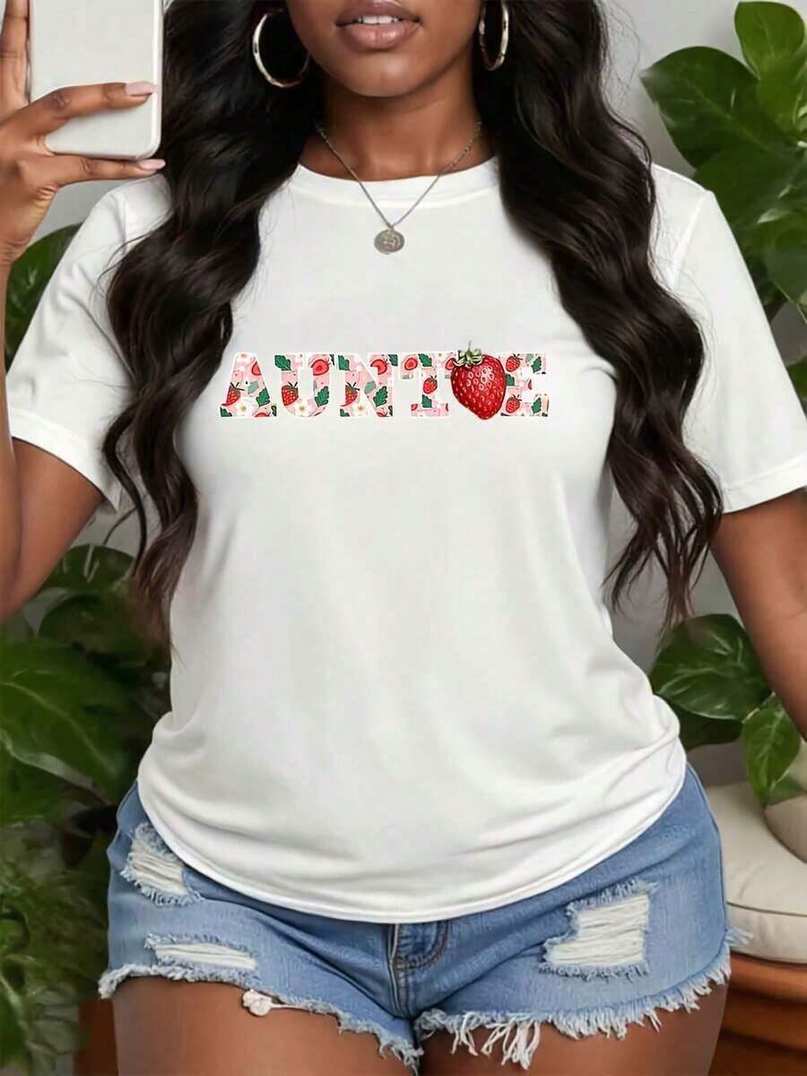 Casual Strawberry Print T-Shirt, Colorful Fruit T-Shirt, Fun Strawberry T-Shirt For Summer/Halloween, Cute Berry T-Shirt, Ideal Gifts For Grandma, Mother And Friends, 100% Cotton, Durable - 白色 - 查看 1