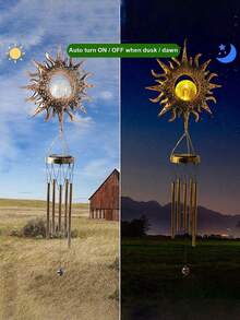 1pc Sun And Moon Shaped Solar Wind Chime Light - Weatherproof Outdoor Decoration, Suitable For Garden, Porch And Patio, LED Lighting Wind Chime, With Automatic Dusk To Dawn Sensor - Multicolor - View 2