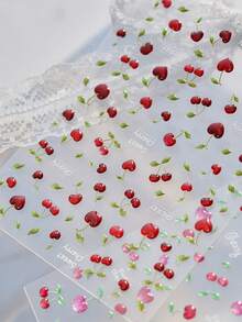 1 Blatt 5D geprägte Sommer Obst Nagel Sticker, Wassermelone Erdbeere Birne Traube selbstklebende Nagel Aufkleber, süße niedliche Nagelkunst Dekorationen - Verschiedenfarbig - Übersicht 9
