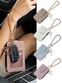 Faux Leather Card Wallet With Metal Wrist Chain, Multi Slot Snap Zipper Coin Purse, Mini Portable Key Pouch For Cards Cash Keys, Daily Accessory Gift - Multicolor - View 6