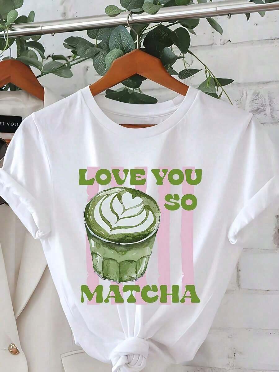 1 Piece T-Shirt With Graphic Print "Love You So Much Matcha", Short Sleeve, Round Neck, Casual Style, Suitable For Summer And Spring, For Women, 180g 100% Cotton. - 白色 - 查看 1