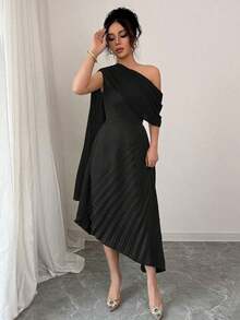 Vestido largo elegante de mujer con un hombro, de gasa, con pliegues brillantes, para primavera/verano - Burdeos - Ver 10