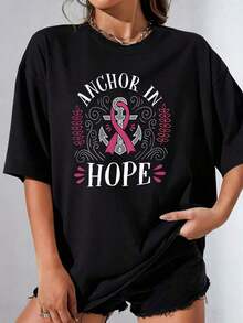 Anchor In Hope Women's Sets Breast Cancer Awareness Gift Women's Graphic T-Shirt 100% Polyester Plus Size Funny Casual Short Sleeve Graphic Print T-Shirt 1 Piece Novelty Crew Neck T-Shirts Women's T-Shirts - 黑色 - 查看 1