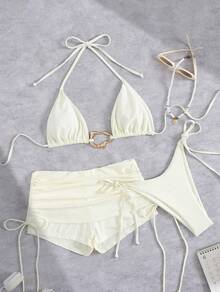Traje de baño de dos piezas para mujer, traje de baño sexy con tiras sencillas, conjunto de bikini ajustado de tres piezas. - Negro - Ver 7