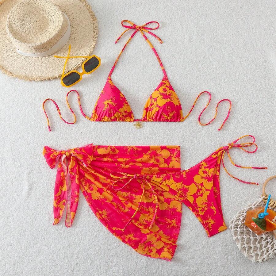 Nuevo traje de baño para mujer en estilo ins, bikini sexy con estampado y lazos. - Rojo - Ver 1