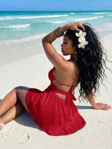 Vestido corto de mujer de crepé blanco con escote halter, encaje, parches y falda paraguas calada, versátil, casual y elegante, adecuado para vacaciones, viajes, playas, zonas costeras, piscinas, yates, tomar el sol, lindo y dulce - Rojo - Ver 2