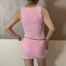 Womens Two Piece Summer Outfits Glitter Sequin Sleeveless Tank Tops and Mini Skirt Set Clubwear - Rosa - Ver 5