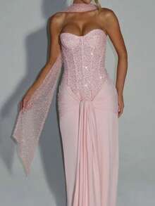 Elegant Pleated Strapless Maxi Dress New Arrival - 粉色 - 查看 3