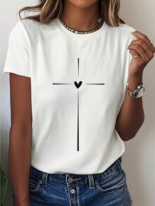 Women's Casual Short Sleeve Crew Neck Printed T-Shirt From Cozy Comfy Lounge, Loose Fit, Spring/Summer Casual Top, Machine Washable, Breathable Clothing. | I Want Casual Clothes. | Comfortable And Well-Fitting Loungewear, Soft And Relaxed. - 白色 - 查看 11