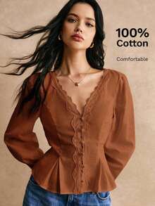 Camisa de algodón blanco con detalles de botones y bordado de encaje en la cintura, camisa de manga larga, camisa de cintura, blusa de encaje, camisa de encaje, camisa de algodón, detalles de cintura elegantes, para uso diario, salida de trabajo, - Marrón - Ver 1