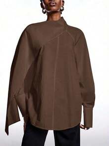2026 Nueva camisa de manga larga de unicolor de estilo callejero minimalista para mujer, primavera/verano, negro - Café integral - Ver 3