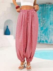 Pantalones holgados de tiro alto con bolsillos y estampado de cuadros para mujer, ideales para vacaciones, estilo vacacional, atuendos de verano. Pantalones holgados con cintura elástica y estampado de cuadros, adecuados para la oficina, negocios, vacaciones, uso casual, diario, universidad, viajes. Nuevos pantalones de verano para mujer, pantalones de trabajo, pantalones envolventes, pantalones de trabajo para mujer. - Rojo - Ver 6
