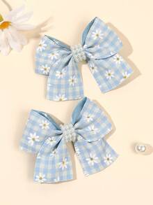 2pcs Light Blue Daisy Plaid Bow Hair Clips, Floral Pearl Hair Accessories, Sweet Daily School Picnic Summer Holiday Essential Hair Accessories For Kids - Blue - View 2