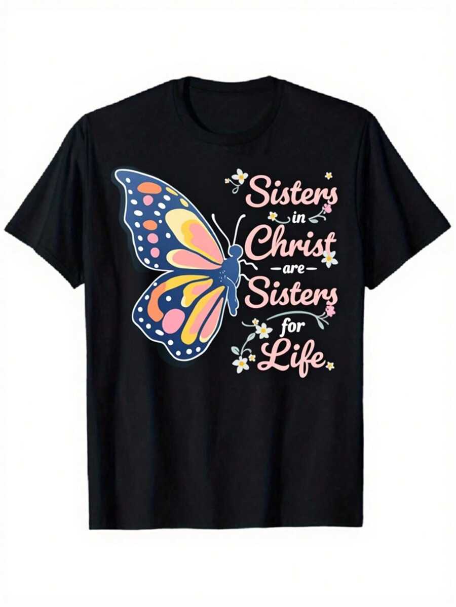 Camiseta unisex, HermanasEnCristoMujeresNegroGráficoTeeMariposaCartaImprimirTCamisaInformalCortoMangaTripulaciónCuelloSuperiorVeranoRopa urbanaConjunto de ropaRetroEstiloReligiosoDeclaraciónDiarioRopaFiestaVacacionesViajesCumpleañosRegaloBrand,ropademujerblusasparadamacasualescamisasdemujerblusablusasparamujercamisas, GráficasimpresoAmigable con la piel, estilo de los 90Retro, Ropa Urbana, De ModacasualCamisetas, GráficasimpresoAmigable con la piel, estilo de los 90Retro, Ropa Urbana, De Modacasualcamisetas - Negro - Ver 1