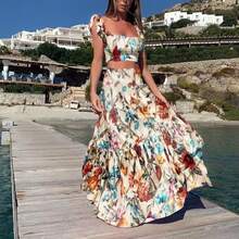 Women's Two-Piece Set With Floral Print Crop Top And Maxi Skirt, Halter Neckline, High Belt, Lightweight And Breathable Fabric Ideal For Beach, Vacation And Summer, Boho Chic Style Perfect For Beach Parties And Resorts - 杏色 - 查看 5
