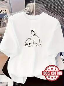 Camiseta de Cuello Redondo para Mujer con Estampado de Gato% Suave - Blusa Casual de Manga Corta Transpirable para Primavera, Verano y Otoño, Top Cómodo para el Hogar, Disponible enúltiples Tallas - Blanco - Ver 6