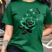 [Circle] Camiseta Casual para Mujer, Camiseta con Estampado Único de Mariposas - Elemento Rosa, Regalo, Top Casual de Cuello Redondo - Transpirable, Ligera, Cómoda, Adecuada para Armarios de Primavera y Verano. W74O - Verde Oscuro - Ver 5