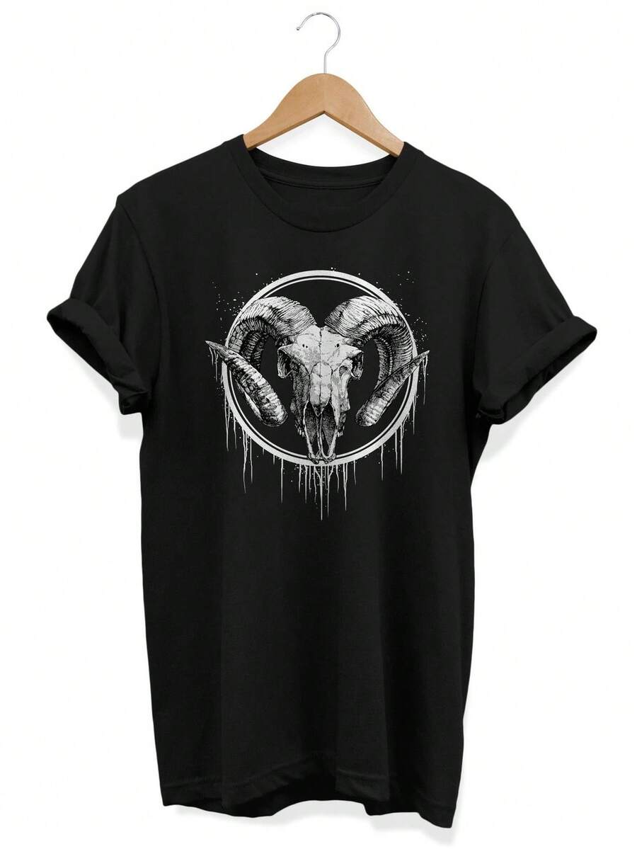 Camiseta con estampado de calavera de animal, estilo gótico emo. Camiseta unisex de algodón puro de 220 g. Peso ideal para todas las estaciones, apta tanto para hombres como para mujeres. Tejido duradero de alta calidad, suave al tacto y de larga duración. Prenda transpirable, ideal para el otoño y las vacaciones. - Negro - Ver 1
