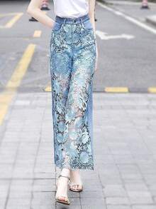Pantalón de mezclilla nuevo de verano para mujer, de nicho, con encaje, corte recto, favorecedor, estilo retro, casual, diseño elegante, perfecto para looks de día, oficina y ocasiones informales - 6690 - Ver 2