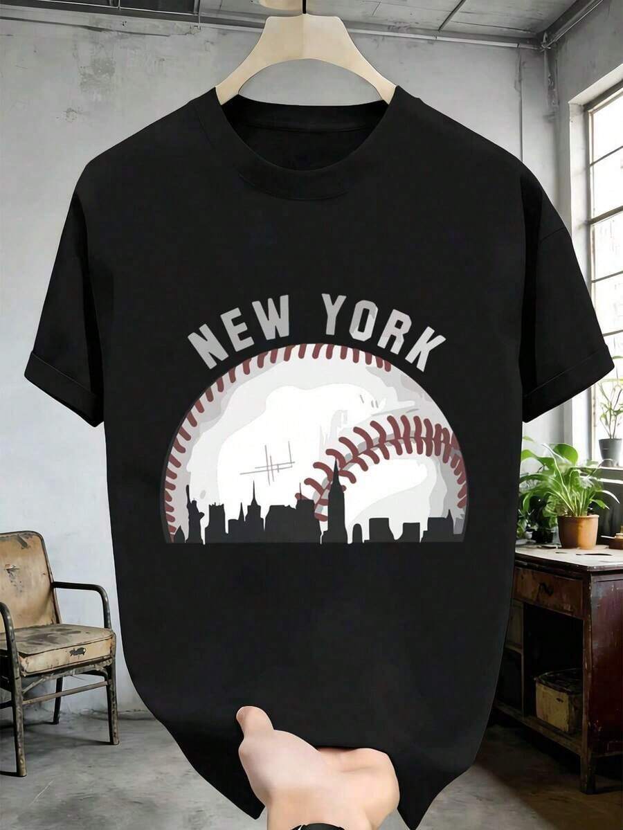 Camia con estampado gráfico de béisbol de Nueva York. Tejido premium, cuello redondo, corte holgado, cómoda, dise? el gráfico. Ideal para regalar. Camisetas para mujer, camisetas para hombre, camisas > Elegantes. Estilo bohemio. Blusas suaves, transpirables y cómodas para mujer, ideales para primavera, verano y otoño, perfectas para vacaciones, viajes y uso diario, y para ver partidos. - Negro - Ver 1