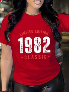 1 pieza de camiseta vintage de edición limitada para mujer de 1982 - Estampado retro de los años 80, rojo/negro/rosa/beige/azul marino/blanco, camiseta casual de manga corta y cuello redondo de poliéster-spandex suave para fiestas temáticas de los años 80 y atuendos casuales. Camiseta casual para mujer de 180g-% algodón: perfecta para actividades al aire libre y ropa urbana - Camiseta unisex de algodón de manga corta y cuello redondo de estilo vintage. - Rojo - Ver 6