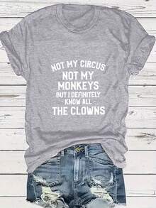 Talla Grande - Camiseta para Mujer Talla Grande - "No es mi circo, no son mis monos, pero definitivamente conozco a todos los payasos" Frase Divertida, Cuello Redondo Casual, Manga Corta, Tela Elástica, Perfecta para Primavera y Verano, Ropa Casual| Camiseta Humorística| Tela Elástica - Gris Claro - Ver 6