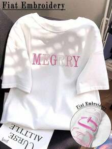Camiseta ajustada casual de verano con bordado de letra para mujer - Blanco 2 - Ver 3