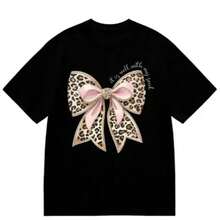Camiseta gráfica de algodón de manga corta y cuello redondo para mujer, diseñada por diseñadores de moda, con estampado de lazo de leopardo, cómoda, transpirable y de corte clásico, ideal para reuniones en el campus y atuendos casuales de verano, excelente como regalo para mujeres (ropa deportiva y de exterior), manga corta. - Negro - Ver 6