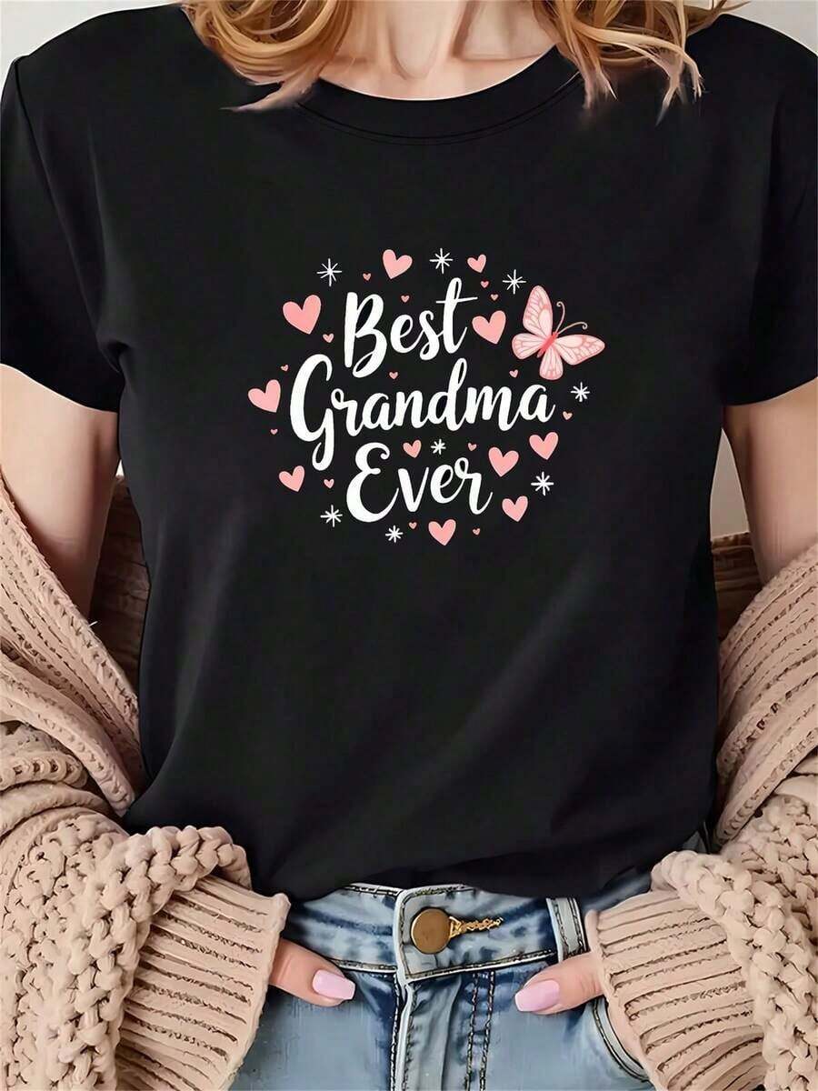 Soft, Breathable, And Lightweight For All-Day Comfort - T-Shirt, "Best Grandma" T-Shirt - Cute Casual T-Shirt With A Heart Print, Suitable As A Gift For Grandma, For Everyday Wear And Family Gatherings. Black Short-Sleeved T-Shirt With A Crew Neck And Print, Suitable For Spring, Summer, And Fall. Classic Crew Neck With A Relaxed Fit That Flatters All Body Shapes And Is Easy To Pair With Jeans, Shorts, And Leggings. - 黑色 - 查看 1