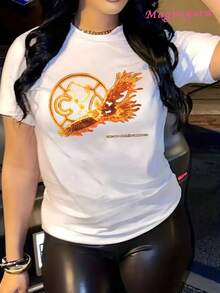 Camiseta Suave de Algodón 100% para Mujer MGY con Estampado de Águila y Emblema de Fútbol, Manga Corta y Cuello Redondo, Lavable a Máquina, Casual y Perfecta para Todas las Estaciones - blanco - Ver 2