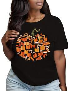 Women's T-Shirt, Plus Sizes 0XL-5XL, 180 G/M² T-Shirt - Librarian, Books And Pumpkin Design, For Book Lovers, Book Exchange Events And Autumn Outfits, Casual Short Sleeve Crew Neck Black T-Shirt, Women's Going Out Tops - 黑色 - 查看 6